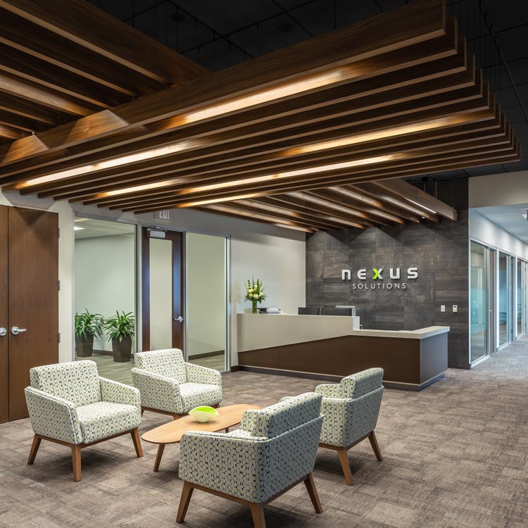 Wood acoustic baffles in Nexus office space