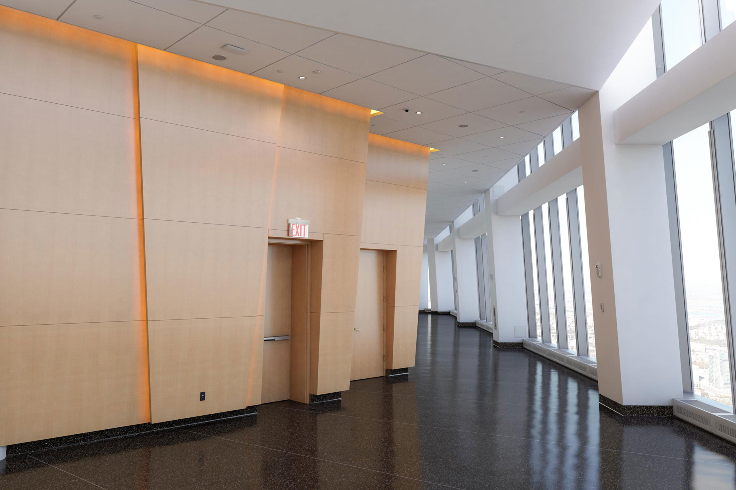 Wood acoustic wall panels in One World Observatory.